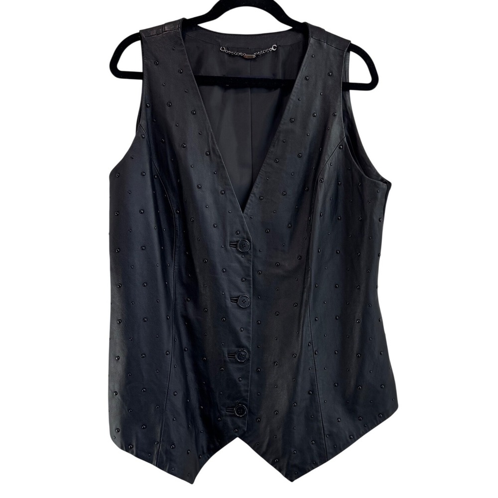 Marina Sport Studded Leather Vest Black V‎ Neck Button Front Women Medium